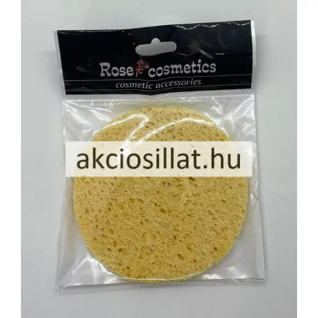 A Rose Cosmetics Cellulóz Arclemosó Szivacs 1db.jpg fotón a kerek alakú, sárga színű, porózus szerkezetű cellulóz szivacs látható az átlátszó, fekete márkajelzéssel ellátott fóliatasakjában.