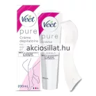 Veet Pure szőrtelenítő krém normál bőrre 200ml-es álló tubusos és dobozos kiszerelésben pink és fehér díszítéssel a dobozon női láb rajzolt sziluettjével valamint a csomaghoz tartozó hajlított fehér műanyag spatulával