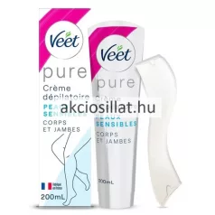 Veet Pure szőrtelenítő krém érzékeny bőrre 200ml-es álló tubusos és dobozos kiszerelésben a dobozon női láb rajzolt sziluettjével valamint a csomaghoz tartozó hajlított fehér műanyag spatulával