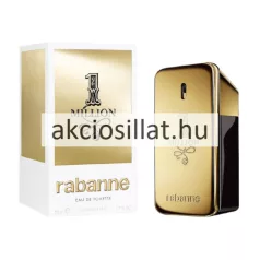 Paco Rabanne 1 Million 50ml-es férfi Eau de Toilette aranytömb alakú fém flakonja és a mellette álló fehér-arany színű gyári papírdoboz.