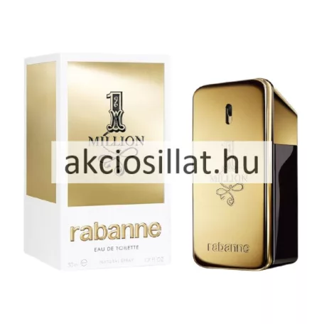 Paco Rabanne 1 Million 50ml-es férfi Eau de Toilette aranytömb alakú fém flakonja és a mellette álló fehér-arany színű gyári papírdoboz.