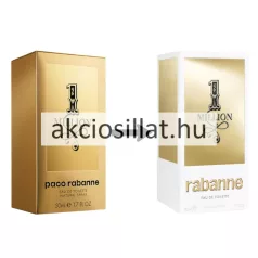 Paco Rabanne 1 Million 50ml-es férfi Eau de Toilette aranytömb alakú fém flakonja és a mellette álló fehér-arany színű gyári papírdoboz.