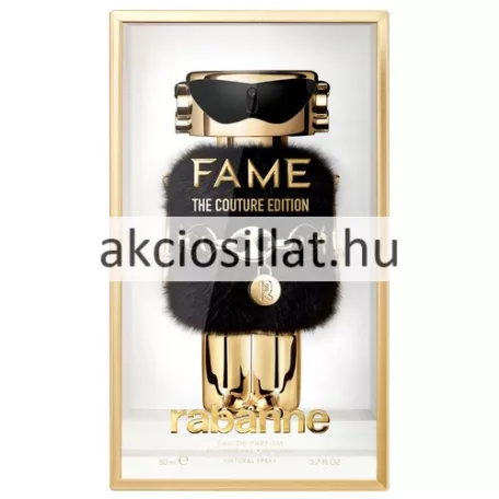 A Paco Rabanne Fame The Couture Edition EDP 80ml.jpg fotón a gyűjtői női parfüm látható egy elegáns, aranyszínű kerettel ellátott bemutató dobozban: az ikonikus robot formájú flakon fekete napszemüveggel, derekán fém Rabanne övvel és lógó R betűs medállal, testét pedig egy finom tapintású, sűrű fekete bunda borítja.