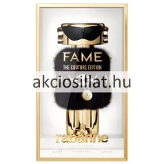 A Paco Rabanne Fame The Couture Edition EDP 80ml.jpg fotón a gyűjtői női parfüm látható egy elegáns, aranyszínű kerettel ellátott bemutató dobozban: az ikonikus robot formájú flakon fekete napszemüveggel, derekán fém Rabanne övvel és lógó R betűs medállal, testét pedig egy finom tapintású, sűrű fekete bunda borítja.