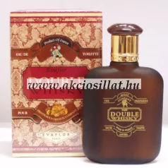 Az Evaflor Double Whisky EDT 100ml.jpg képen a férfi parfüm lapos, barna matt üvegflakonja látható arany színű nyakkal és barna kupakkal, a cirádás mintájú gyári doboza mellett.