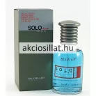 A Blue Up Solo Men EDT 100ml.jpg fotón az áttetsző, hengeres üvegből készült férfi parfüm látható, amelyben élénk világoskék színű parfümfolyadék van, elején piros alapon Solo for men felirattal, mellette a zöldesszürke és ezüst színű gyári dobozával.