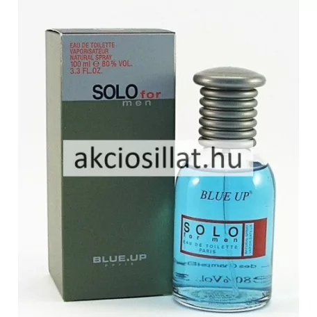 A Blue Up Solo Men EDT 100ml.jpg fotón az áttetsző, hengeres üvegből készült férfi parfüm látható, amelyben élénk világoskék színű parfümfolyadék van, elején piros alapon Solo for men felirattal, mellette a zöldesszürke és ezüst színű gyári dobozával.