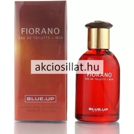 A Blue Up Fiorano For Men EDT 100ml.jpg fotón a férfi parfüm látható: egy letisztult, hengeres alakú, mélyvörös színű üvegflakon sötétbarna kupakkal, az elején fehér betűs Fiorano és Blue.Up feliratokkal, mellette pedig a hozzá passzoló, téglalap alakú sötétvörös és barna színű gyári kartondoboz helyezkedik el.