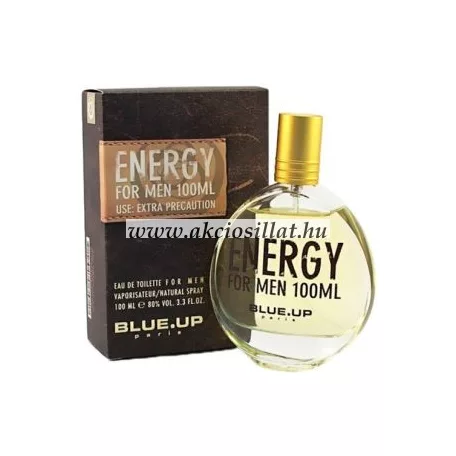 A Blue Up Energy For Men EDT 100 ml.jpg fotón a férfi parfüm látható: egy letisztult, gömbölyded alakú, áttetsző üvegflakon aranyszínű kupakkal, az elején nagyméretű fekete betűs Energy For Men 100ml felirattal, mellette a sötétbarna mintás gyári kartondobozával.