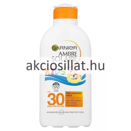 A Garnier Ambre Solaire Kids naptej SPF 30 200ml.jpg fotón a professzionális gyermek naptej látható: egy álló, letisztult fehér flakon élénknarancssárga pattintós kupakkal, az előlapján a kerek, zöld-arany GARNIER AMBRE SOLAIRE logóval, alatta színes betűs KIDS felirattal és egy úszógumis gyermekeket ábrázoló rajzzal, valamint egy nagyméretű narancssárga 30 HIGH PROTECTION fényvédő faktor jelöléssel.