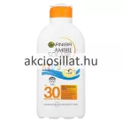A Garnier Ambre Solaire Kids naptej SPF 30 200ml.jpg fotón a professzionális gyermek naptej látható: egy álló, letisztult fehér flakon élénknarancssárga pattintós kupakkal, az előlapján a kerek, zöld-arany GARNIER AMBRE SOLAIRE logóval, alatta színes betűs KIDS felirattal és egy úszógumis gyermekeket ábrázoló rajzzal, valamint egy nagyméretű narancssárga 30 HIGH PROTECTION fényvédő faktor jelöléssel.