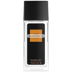David Beckham Bold Instinct 75ml-es Deo Natural Spray álló, téglalap alakú átlátszó üvegcséje matt fekete kupakkal és fekete-narancssárga címkével.