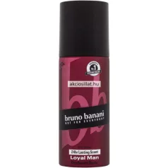 Bruno Banani Loyal Man 150ml-es férfi dezodor spray jellegzetes dőlt mélyvörös flakonja fekete kupakkal, fekete bruno banani felirattal és 24Hr Lasting Scent jelzéssel.
