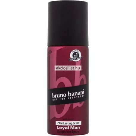 Bruno Banani Loyal Man 150ml-es férfi dezodor spray jellegzetes dőlt mélyvörös flakonja fekete kupakkal, fekete bruno banani felirattal és 24Hr Lasting Scent jelzéssel.