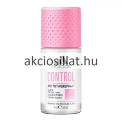Adidas Control 48H 50ml-es női golyós dezodor rózsaszín mintás kupakkal és átlátszó üvegcsével.