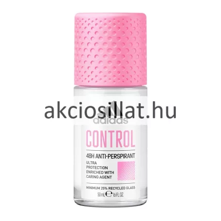 Adidas Control 48H 50ml-es női golyós dezodor rózsaszín mintás kupakkal és átlátszó üvegcsével.