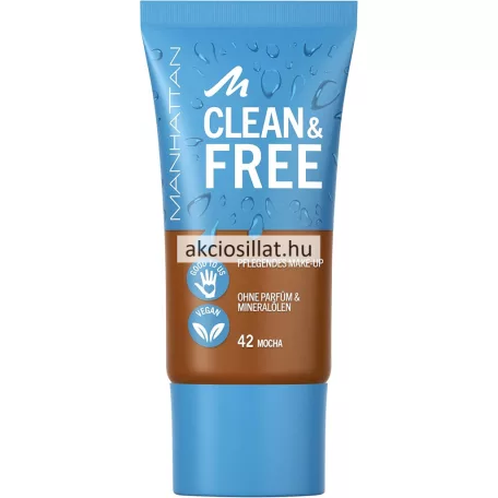 Manhattan Clean & Free vegán folyékony alapozó 42 Mocha árnyalatban, újrahasznosított tubusos kiszerelésben.