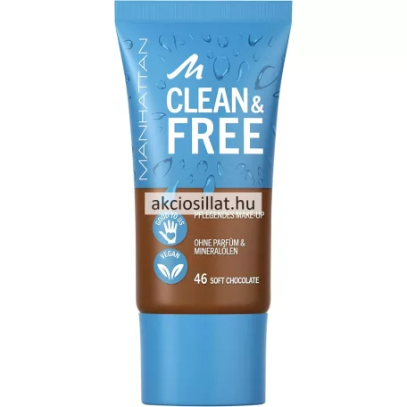 Manhattan Clean & Free vegán folyékony alapozó 46 Soft Chocolate árnyalatban, újrahasznosított tubusos csomagolásban.