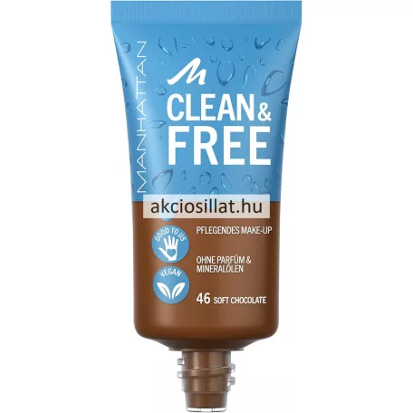 Manhattan Clean & Free vegán folyékony alapozó 46 Soft Chocolate árnyalatban, újrahasznosított tubusos csomagolásban.
