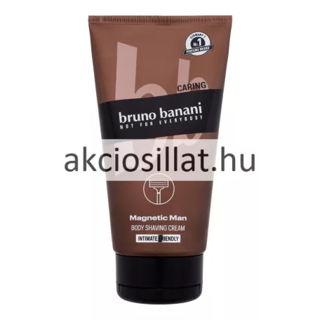 Bruno Banani Magnetic Man 150ml-es férfi borotvakrém álló barna színű tubusban fekete felpattintható kupakkal a közepén egy fekete sávval benne fehér bruno banani felirattal felette caring felirat alul pedig fehér betűs Magnetic Man Body Shaving Cream Intimate Friendly megjelöléssel