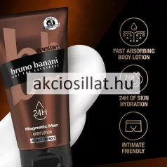 Bruno Banani Magnetic Man 150ml-es férfi borotvakrém álló barna színű tubusban fekete felpattintható kupakkal a közepén egy fekete sávval benne fehér bruno banani felirattal felette caring felirat alul pedig fehér betűs Magnetic Man Body Shaving Cream Intimate Friendly megjelöléssel