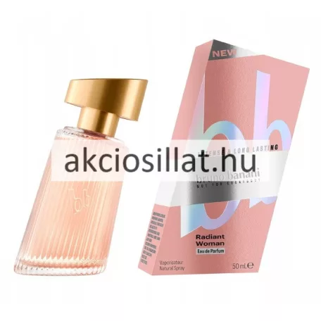 Bruno Banani Radiant Woman 30ml-es női Eau de Parfum jellegzetes dőlt, bordázott üvege arany kupakkal, mellette a fémes rózsaszín-arany színű gyári díszdoboz.
