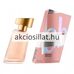 Bruno Banani Radiant Woman 50ml-es női Eau de Parfum jellegzetes dőlt, redőzött üvege matt arany kupakkal, mellette a hozzá tartozó fémes rózsaszín gyári díszdoboz nagy bb logóval.