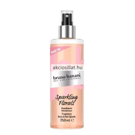 Bruno Banani Radiant Woman 250ml-es női testpermet és hajpermet hengeres, átlátszó flakonja ezüst porlasztófejjel, barackszínű folyadékkal és rózsaszín mintás felirattal.