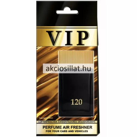 A VIP Autóillatosító 120 Tom Ford Noir Extreme.jpg fotón az exkluzív gépjármű illatosító látható: egy fekete alapú, arany hullámos és metálfényű mintákkal díszített lap, amelyen felül nagyméretű fekete VIP felirat olvasható, középen a Tom Ford Noir Extreme dizájnját idéző fekete színű, bordázott arany kupakos parfümös üveg grafikája helyezkedik el arany színű 120-as számmal, az alsó részen pedig a Perfume Air Freshner megjelölés látható.