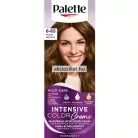 Schwarzkopf Palette Intensive Color Creme 6-65 W5 Nugát tartós krémhajfesték papírdoboza melynek felső részén fehér alapon fekete Palette felirat látható alatta egy barna és enyhén hullámos hajú mosolygós női arc látható bal oldalon nagy fekete 6-65 NUGAT NOUGAT felirattal a doboz alsó lilás színű harmadában pedig MULTI-CARE keratin panthenol repairing serum ikonok és fehér INTENSIVE COLOR CREME feliratok szerepelnek