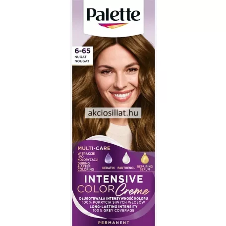 Schwarzkopf Palette Intensive Color Creme 6-65 W5 Nugát tartós krémhajfesték papírdoboza melynek felső részén fehér alapon fekete Palette felirat látható alatta egy barna és enyhén hullámos hajú mosolygós női arc látható bal oldalon nagy fekete 6-65 NUGAT NOUGAT felirattal a doboz alsó lilás színű harmadában pedig MULTI-CARE keratin panthenol repairing serum ikonok és fehér INTENSIVE COLOR CREME feliratok szerepelnek