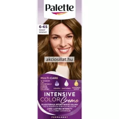 Schwarzkopf Palette Intensive Color Creme 6-65 W5 Nugát tartós krémhajfesték papírdoboza melynek felső részén fehér alapon fekete Palette felirat látható alatta egy barna és enyhén hullámos hajú mosolygós női arc látható bal oldalon nagy fekete 6-65 NUGAT NOUGAT felirattal a doboz alsó lilás színű harmadában pedig MULTI-CARE keratin panthenol repairing serum ikonok és fehér INTENSIVE COLOR CREME feliratok szerepelnek