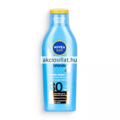 A Nivea Sun Protect Bronze naptej SPF30 200ml.jpg fotón a prémium naptej látható: egy ergonomikus, élénkkék színű flakon sárga kupakkal, az elülső oldalán a jellegzetes kerek, kék-sárga NIVEA SUN logóval, alatta fehér betűs protect & bronze, double action feliratokkal és egy nagyméretű, fehér színű 30-as fényvédő faktor jelöléssel.