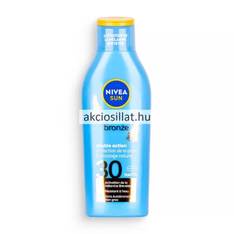 A Nivea Sun Protect Bronze naptej SPF30 200ml.jpg fotón a prémium naptej látható: egy ergonomikus, élénkkék színű flakon sárga kupakkal, az elülső oldalán a jellegzetes kerek, kék-sárga NIVEA SUN logóval, alatta fehér betűs protect & bronze, double action feliratokkal és egy nagyméretű, fehér színű 30-as fényvédő faktor jelöléssel.