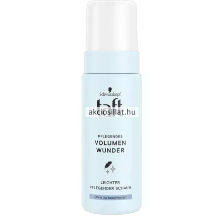 Taft Volume Wonder 150ml-es dúsító ápoló hajhab flakon halványkék színben fekete Schwarzkopf Taft és Volumen Wunder feliratokkal egy fekete tollpihe ikonnal valamint fehér színű védőkupakkal