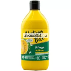Nature Box dinnye olaj 385ml-es hajbalzsam élénksárga színű flakonban zöld színű alsó címkével rajta egy félbevágott sárga húsú görögdinnye grafikájával és fekete pattintós kupakkal