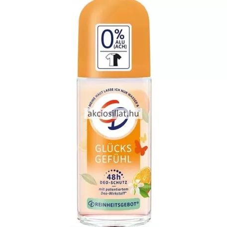 CD Glücks Gefühl 50ml-es golyós dezodor átlátszó üvegcsében narancssárga színű kupakkal narancsszeletet virágot és pillangókat ábrázoló fehér és narancs színű címkével valamint nagy 0 százalék alu felirattal