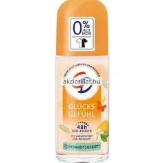 CD Glücks Gefühl 50ml-es golyós dezodor átlátszó üvegcsében narancssárga színű kupakkal narancsszeletet virágot és pillangókat ábrázoló fehér és narancs színű címkével valamint nagy 0 százalék alu felirattal
