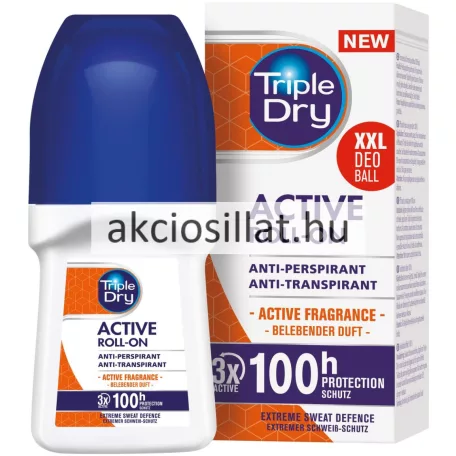 Triple Dry Active Men deo roll-on 50ml-es termék látható: egy ergonomikus, fehér színű flakon sötétkék kupakkal, az elülső narancssárga mintás címkéjén Active Roll-On felirattal, mellette a gyári fehér, kék és narancssárga színű kartondobozával, amelyen a nagyméretű 100h Protection logó szerepel.