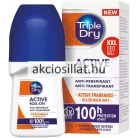 Triple Dry Active Men deo roll-on 50ml-es termék látható: egy ergonomikus, fehér színű flakon sötétkék kupakkal, az elülső narancssárga mintás címkéjén Active Roll-On felirattal, mellette a gyári fehér, kék és narancssárga színű kartondobozával, amelyen a nagyméretű 100h Protection logó szerepel.