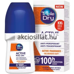 Triple Dry Active Men deo roll-on 50ml-es termék látható: egy ergonomikus, fehér színű flakon sötétkék kupakkal, az elülső narancssárga mintás címkéjén Active Roll-On felirattal, mellette a gyári fehér, kék és narancssárga színű kartondobozával, amelyen a nagyméretű 100h Protection logó szerepel.