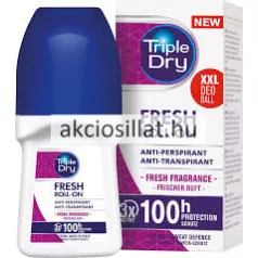 Triple Dry Fresh deo roll-on 50ml-es golyós dezodor látható: egy fehér színű, kézreálló flakon sötétkék kupakkal, előoldalán Fresh Roll-On felirattal egy lila mintás címkén, mellette a gyári fehér és lila színű kartondobozával, amelyen jól látható a 100h Protection és az XXL Deo Ball jelzés.