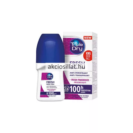Triple Dry Fresh deo roll-on 50ml-es golyós dezodor látható: egy fehér színű, kézreálló flakon sötétkék kupakkal, előoldalán Fresh Roll-On felirattal egy lila mintás címkén, mellette a gyári fehér és lila színű kartondobozával, amelyen jól látható a 100h Protection és az XXL Deo Ball jelzés.