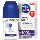 Triple Dry Men deo roll-on 50ml-es golyós dezodor látható: egy ergonomikus kialakítású fehér flakon sötétkék kupakkal, előoldalán a Men Roll-On és Fragrance Free feliratokkal, mellette a gyári fehér-szürke kartondobozával, amin a nagyméretű 100h Protection grafika szerepel.