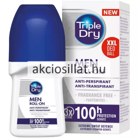 Triple Dry Men deo roll-on 50ml-es golyós dezodor látható: egy ergonomikus kialakítású fehér flakon sötétkék kupakkal, előoldalán a Men Roll-On és Fragrance Free feliratokkal, mellette a gyári fehér-szürke kartondobozával, amin a nagyméretű 100h Protection grafika szerepel.