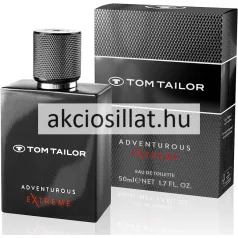 Tom Tailor Adventurous Extreme 50ml-es férfi parfüm álló szögletes matt fekete színű üvegflakonban fehér TOM TAILOR logóval és felirattal alatta ADVENTUROUS EXTREME jelöléssel ahol az Extreme szó piros színnel kiemelt a flakon tetején hengeres és apró pikkelymintás textúrájú fekete kupakkal mögötte pedig a hozzá tartozó kétrészes színezetű díszdoboz látható melynek felső része pikkelymintás fekete alsó része pedig sötétszürke hálómintás előlapján fehér akciosillat.hu vízjellel