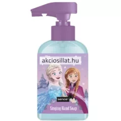A Disney Frozen Jégvarázs zenélő folyékony szappan 250ml.jpg fotón az áttetsző, kékes árnyalatú flakon látható lila színű pumpás adagolófejjel, az elülső címkéjén a Sence márkanévvel, a Singing Hand Soap felirattal, valamint a Jégvarázs mese két főszereplőjének, Elsa és Anna hercegnőnek a színes grafikájával.
