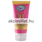 A Sun Tropic Kids naptej SPF30 100ml.jpg fotón a professzionális gyermek naptej látható: egy álló, élénk pink színű tubus sárga felső zárórésszel és átlátszó kupakkal, az előlapján felül kék alapon fehér betűs Sun Tropic logóval, alatta zöld kids felirattal, egy nagyméretű sárga spf 30-as számmal, valamint a barna sávban lévő protective sun lotion megjelöléssel.