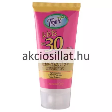 A Sun Tropic Kids naptej SPF30 100ml.jpg fotón a professzionális gyermek naptej látható: egy álló, élénk pink színű tubus sárga felső zárórésszel és átlátszó kupakkal, az előlapján felül kék alapon fehér betűs Sun Tropic logóval, alatta zöld kids felirattal, egy nagyméretű sárga spf 30-as számmal, valamint a barna sávban lévő protective sun lotion megjelöléssel.