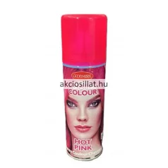 Goodmark Hot Pink 125ml-es hajszínező spray álló hengeres fémdobozban melynek előlapján egy élénk rózsaszín hajú sminkelt női arc látható felette fehér betűs HAIR COLOUR felirattal alul pedig HOT PINK felirattal a flakon tetején egy ugyanolyan vibráló neonrózsaszín áttetsző műanyag kupak helyezkedik el